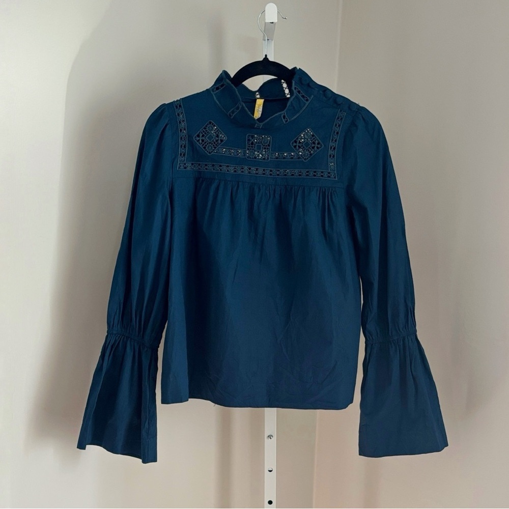 Free People Another Eternity Navy Blouse w Embroidered Crochet Details Size XS